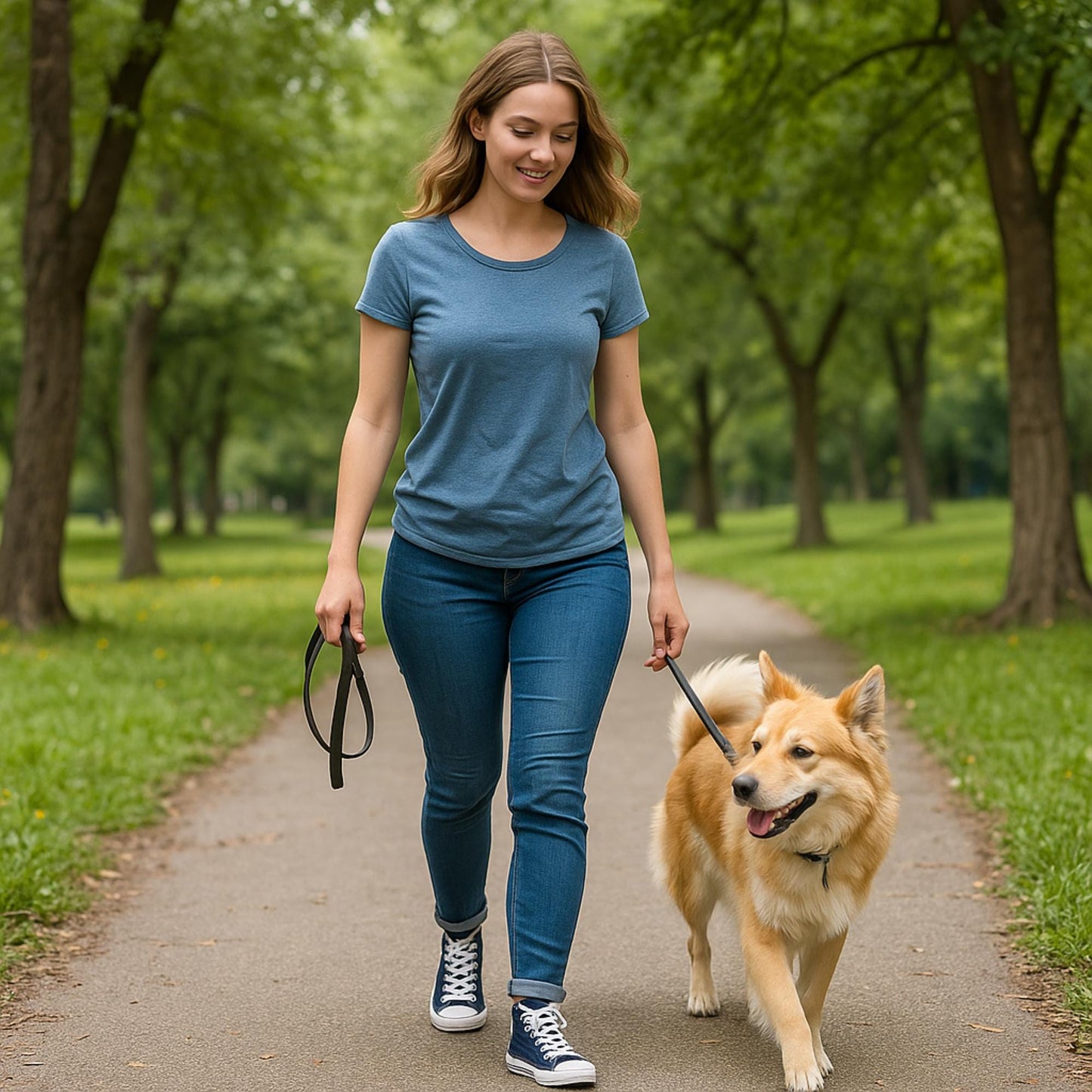 A young woman is walking a fluffy, golden-colored dog on a leash through a tree-lined park. She is wearing a blue T-shirt, rolled-up skinny jeans, and navy blue high-top sneakers with white laces and soles. She is smiling and looking down at the dog as they walk along a paved path surrounded by green grass and tall trees.