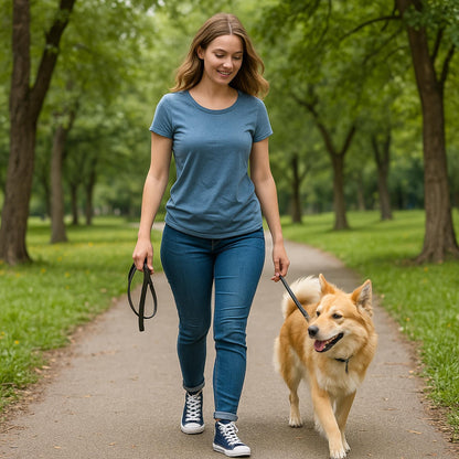 A young woman is walking a fluffy, golden-colored dog on a leash through a tree-lined park. She is wearing a blue T-shirt, rolled-up skinny jeans, and navy blue high-top sneakers with white laces and soles. She is smiling and looking down at the dog as they walk along a paved path surrounded by green grass and tall trees.
