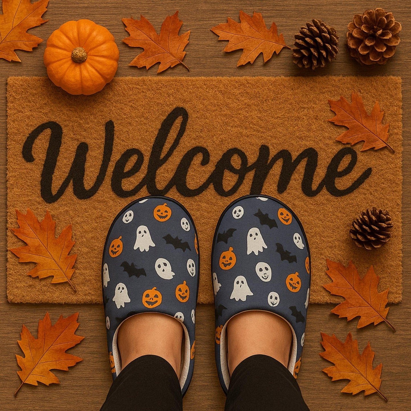A pair of feet wearing Halloween-themed slippers with ghost, pumpkin, and bat prints stand on a &quot;Welcome&quot; doormat surrounded by autumn leaves, pinecones, and a small pumpkin, creating a cozy fall atmosphere.