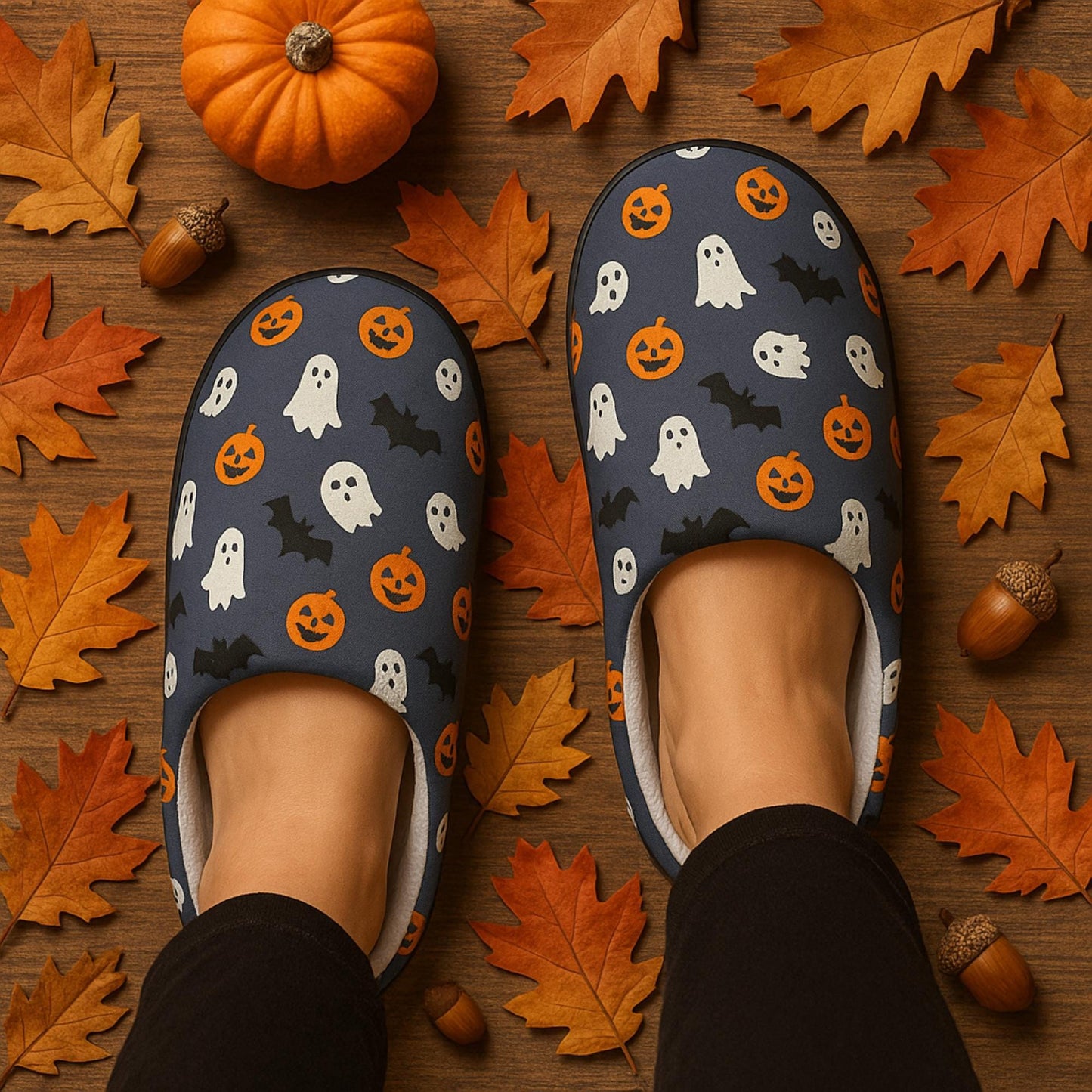 Close-up of feet wearing cozy Halloween-themed slippers featuring ghost, bat, and pumpkin designs. The slippers are surrounded by autumn leaves, acorns, and a small pumpkin on a wooden floor, creating a festive fall atmosphere.