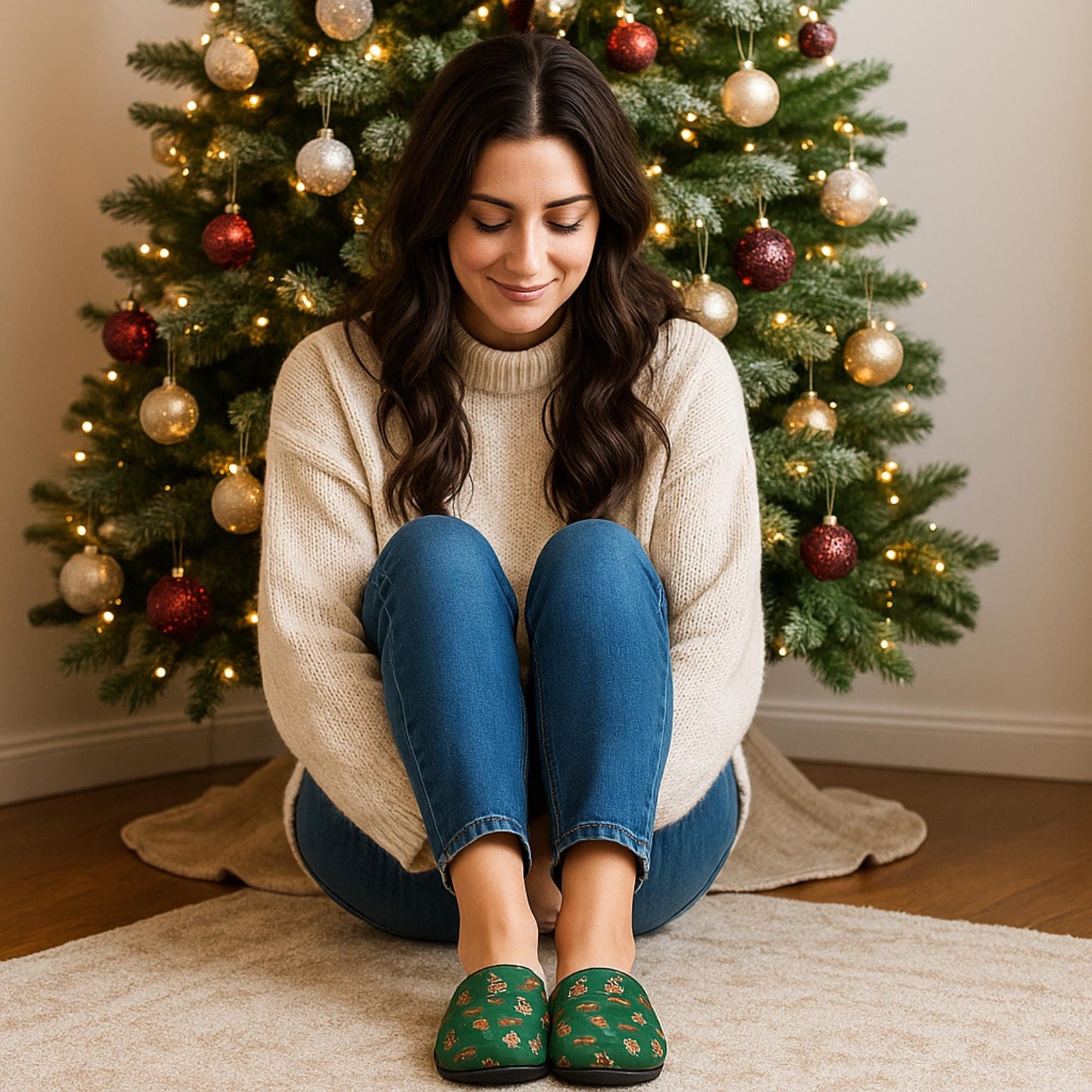 Green Christmas Slippers: Santa and Reindeer Flannel Fleece House Shoes
