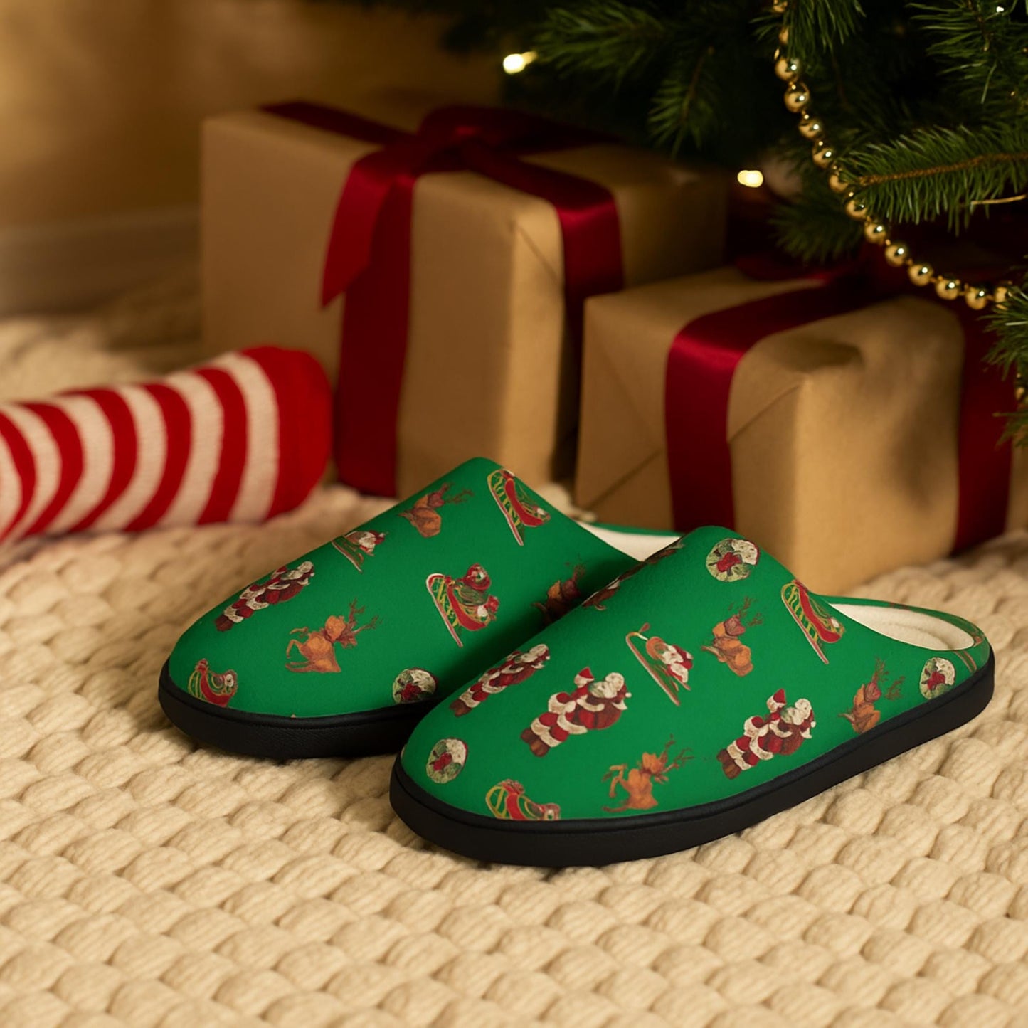 Green Christmas Slippers: Santa and Reindeer Flannel Fleece House Shoes