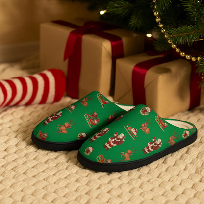 Green Christmas Slippers: Santa and Reindeer Flannel Fleece House Shoes