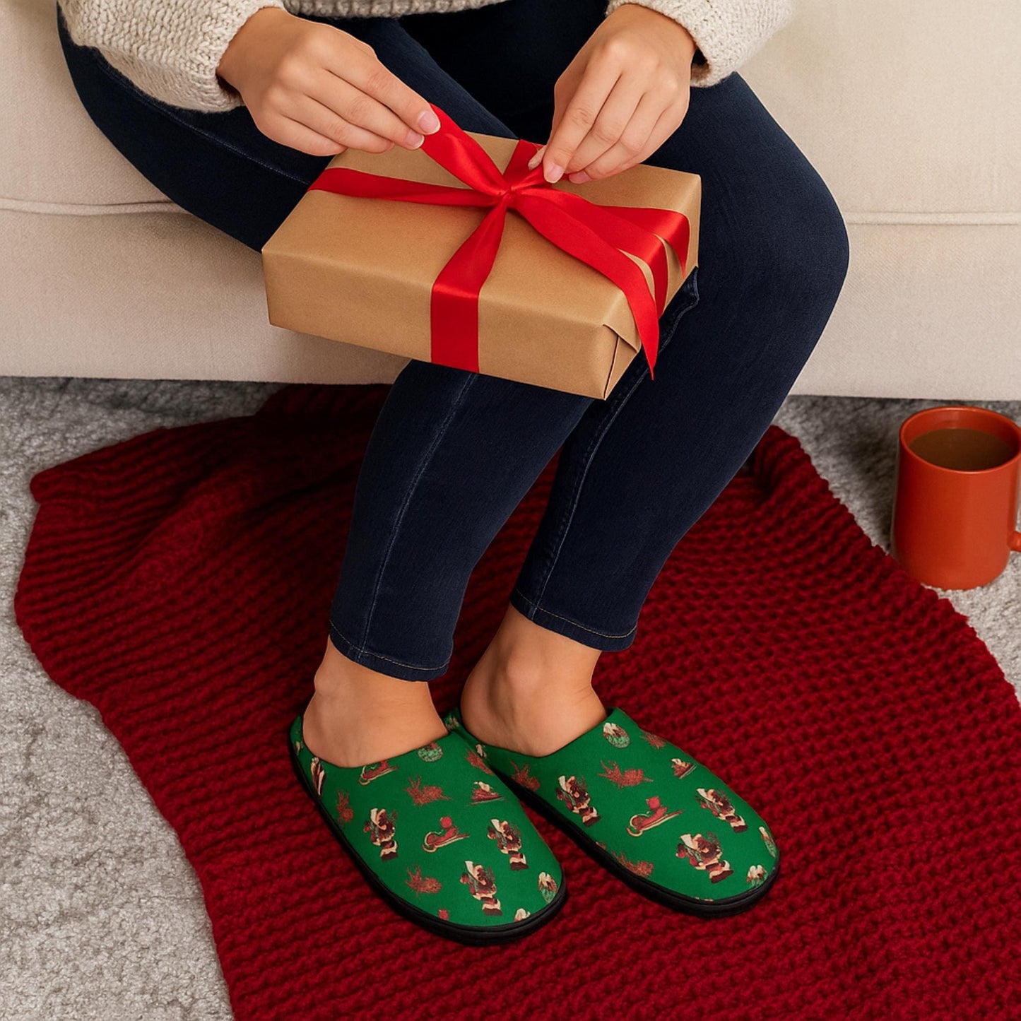 Green Christmas Slippers: Santa and Reindeer Flannel Fleece House Shoes