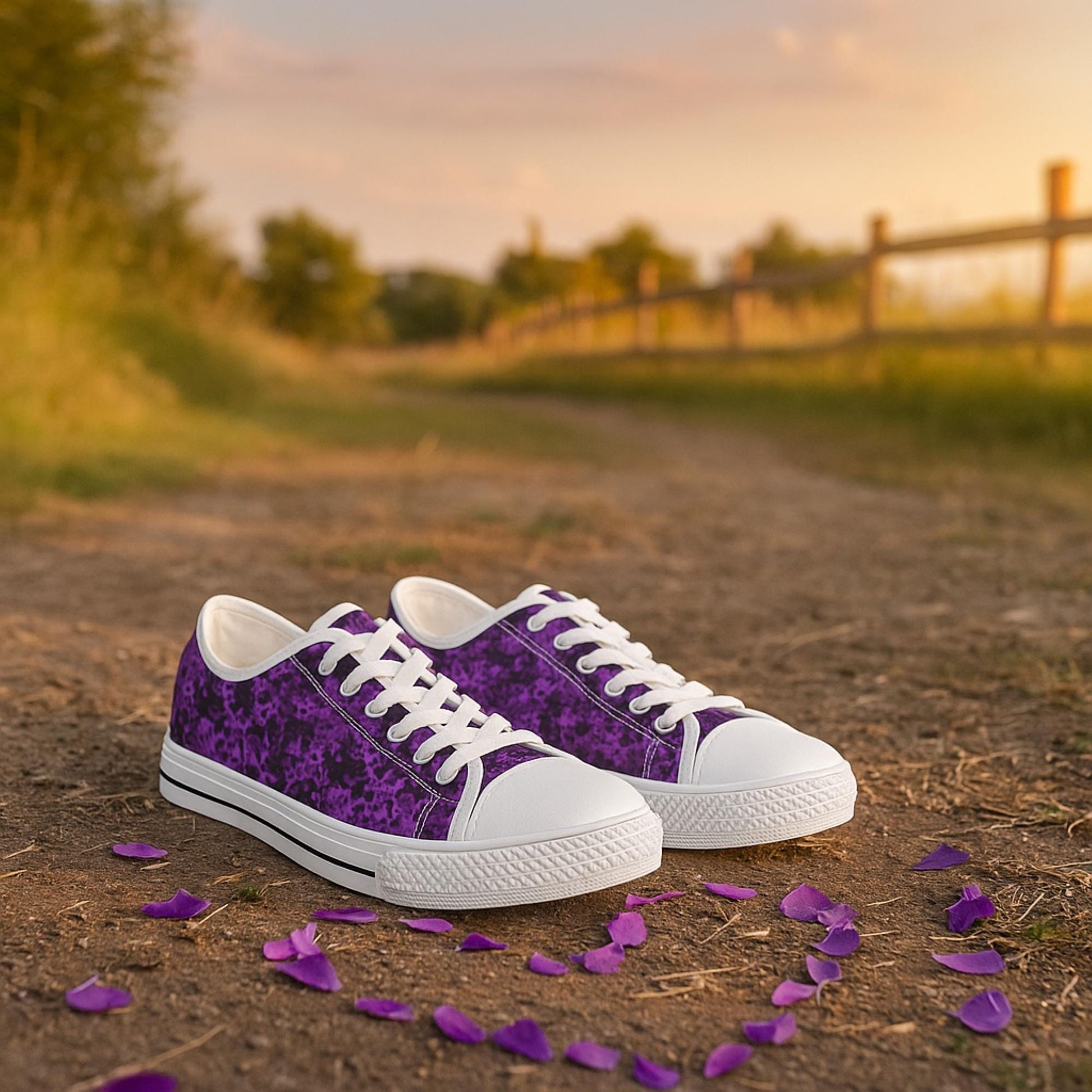 A pair of low-top sneakers with a rich purple floral pattern, white laces, white rubber toe caps, and white soles is placed on a dirt path at sunset. Scattered purple flower petals surround the shoes. The background features a wooden fence, grassy fields, and trees bathed in warm golden light, creating a peaceful and romantic outdoor setting.