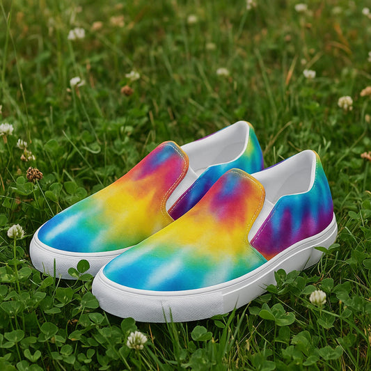 Pair of vibrant rainbow tie-dye slip-on sneakers displayed on green grass with clover and small flowers. These colorful canvas shoes feature a seamless blend of blue, yellow, red, purple, and green hues in a bold watercolor effect. Designed with a white rubber sole and elastic side accents for easy wear, these artistic sneakers are perfect for casual everyday fashion.