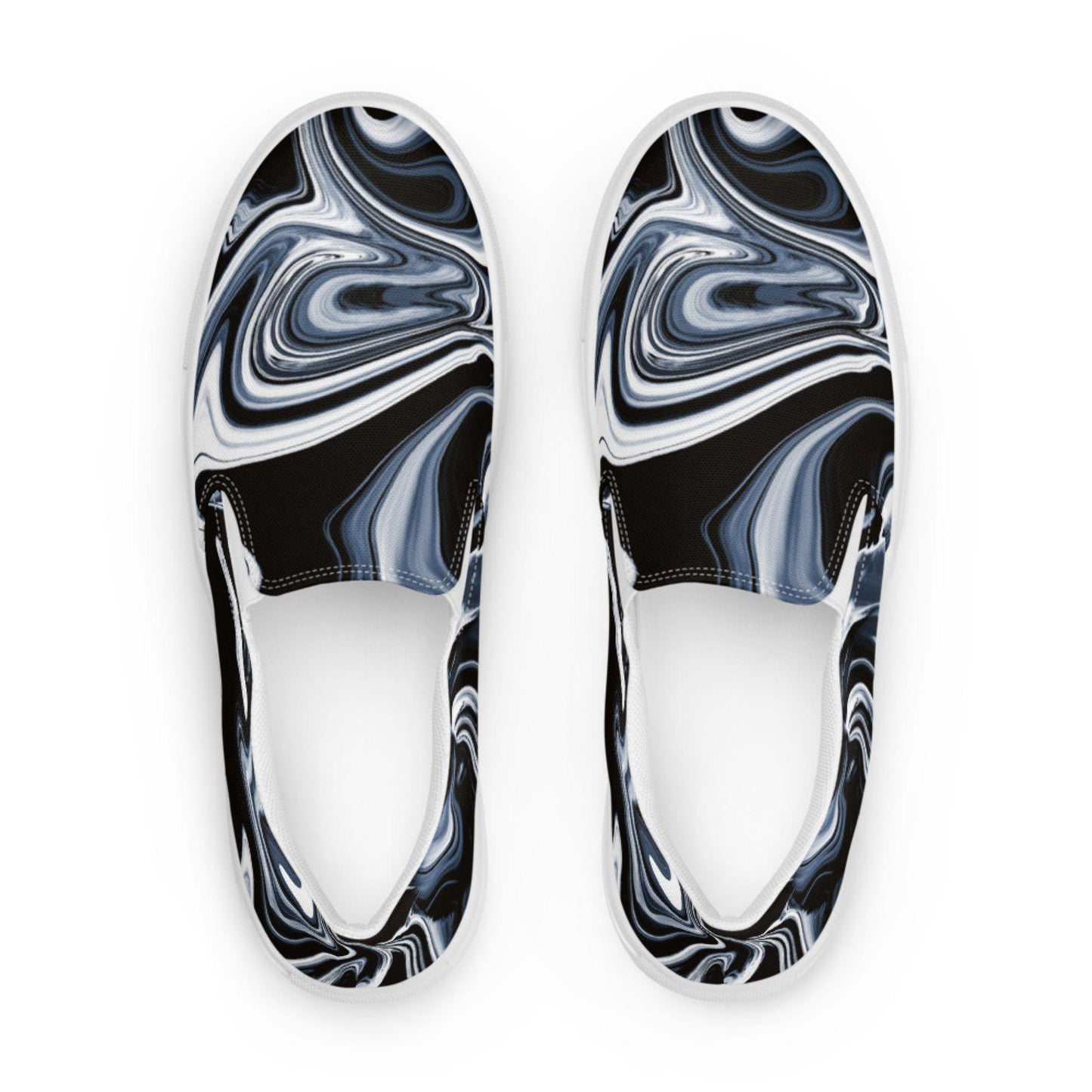 Top-down view of women&#39;s slip-on canvas shoes featuring a bold black, white, and gray marbled swirl pattern. Stylish and artistic footwear with a modern abstract design, perfect for casual everyday outfits