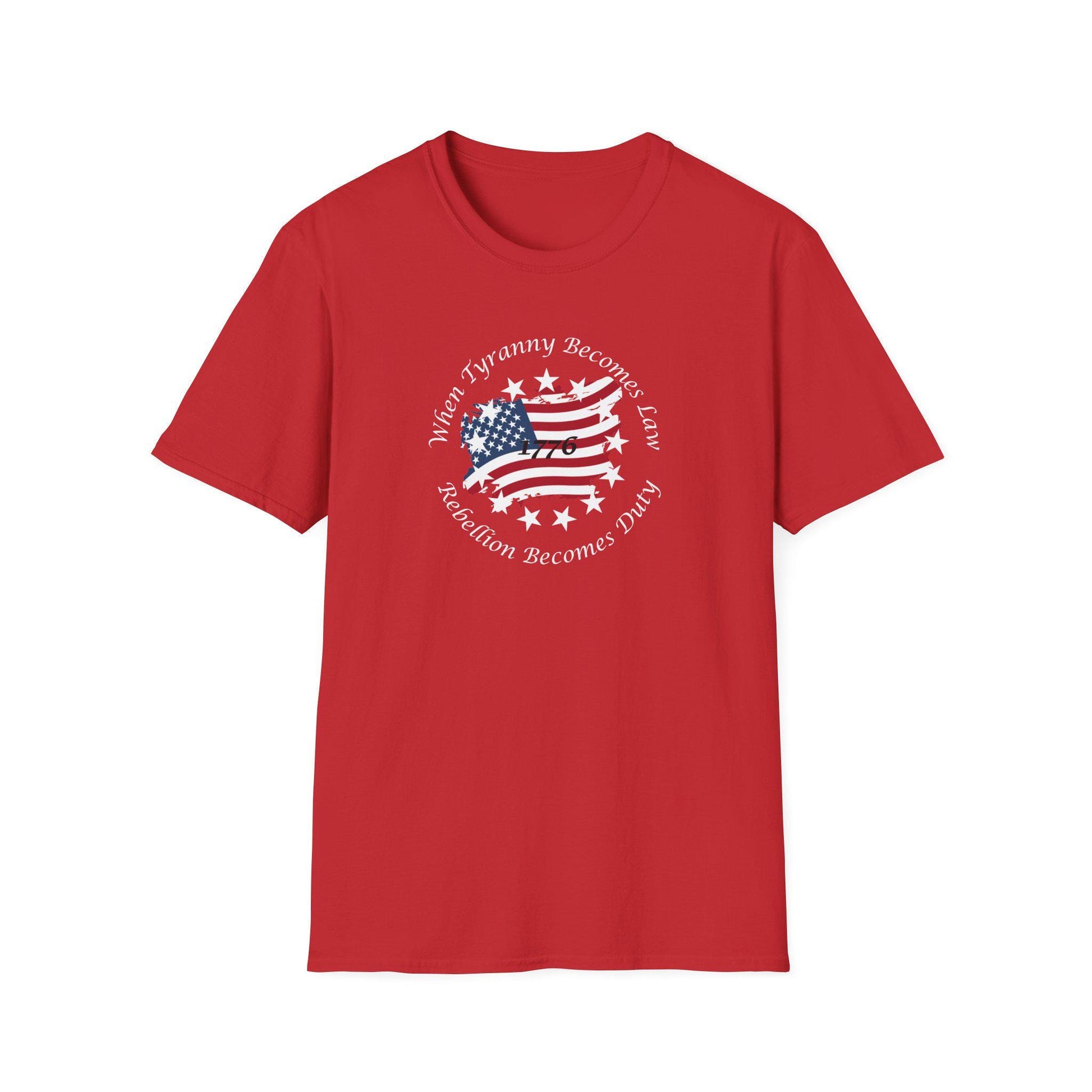 Red unisex t-shirt featuring a distressed American flag graphic with the year 1776 and the quote &quot;When Tyranny Becomes Law, Rebellion Becomes Duty&quot;—bold patriotic tee ideal for Independence Day, protests, or everyday freedom-loving wear.
