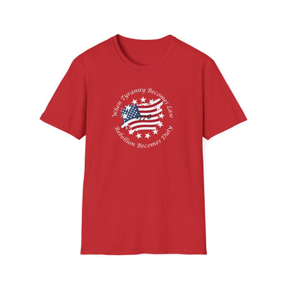 Red unisex t-shirt featuring a distressed American flag graphic with the year 1776 and the quote &quot;When Tyranny Becomes Law, Rebellion Becomes Duty&quot;—bold patriotic tee ideal for Independence Day, protests, or everyday freedom-loving wear.