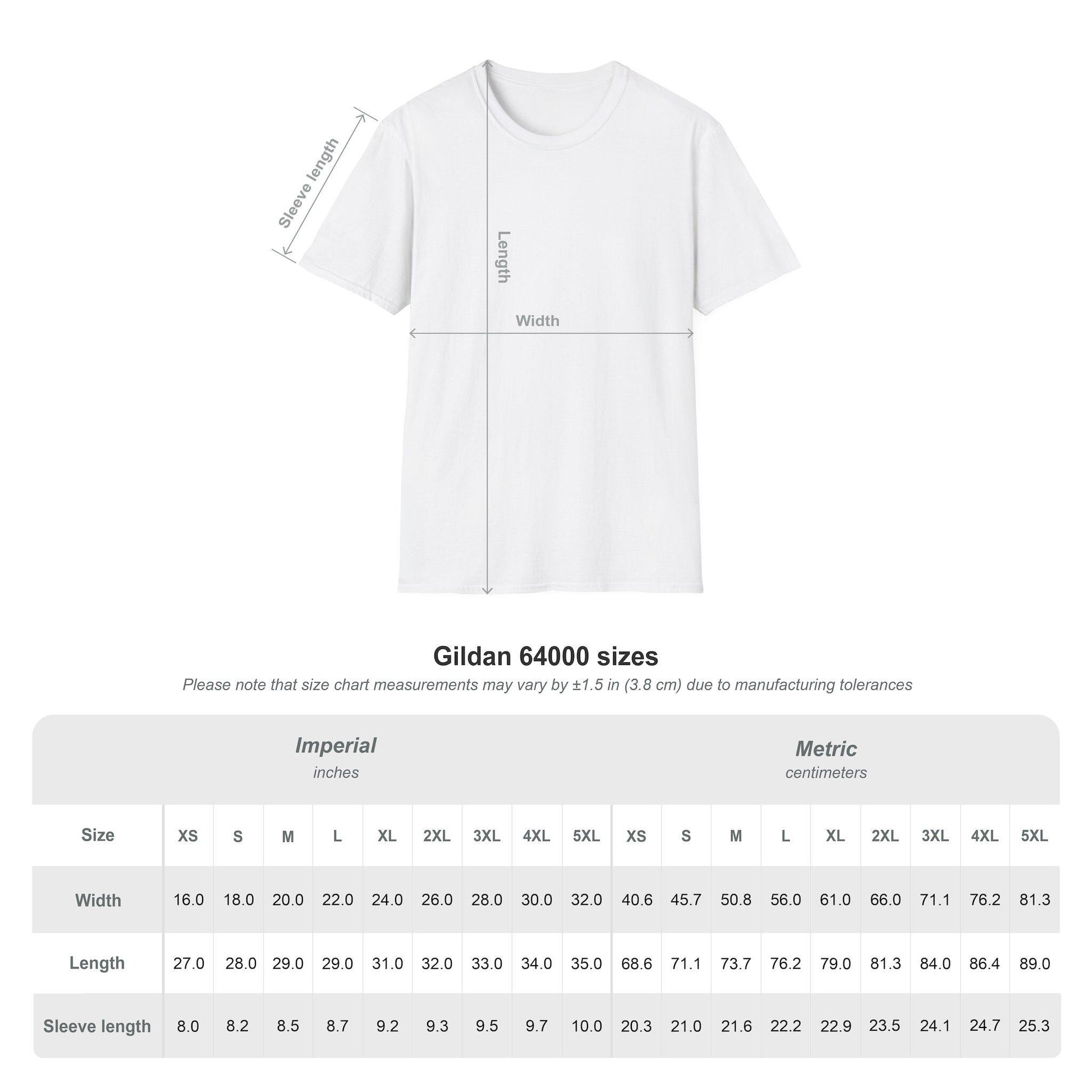 Gildan 64000 unisex t-shirt size chart with measurement guide for width, length, and sleeve length in both inches (Imperial) and centimeters (Metric), ranging from XS to 5XL—ideal for finding the perfect fit for custom graphic tees.