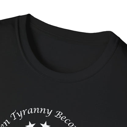 Close-up of black crewneck t-shirt collar showcasing durable stitching and partial view of patriotic graphic text reading “When Tyranny Becomes Law”—premium cotton tee ideal for bold, statement-making apparel.