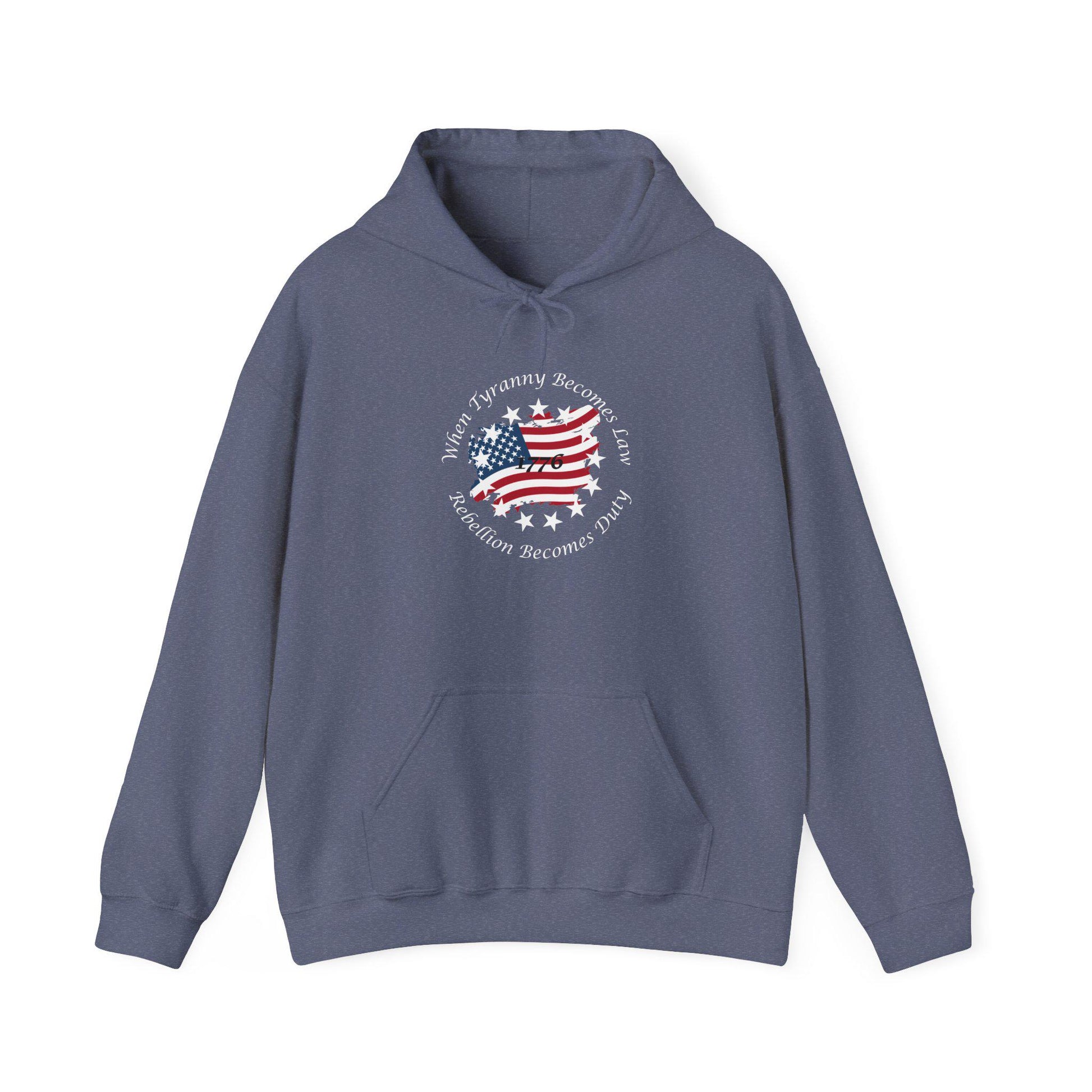 Heather navy unisex hoodie with distressed American flag and “When Tyranny Becomes Law, Rebellion Becomes Duty” quote, laid flat on white background. 1776 patriotic sweatshirt for men and women, bold freedom pullover perfect for conservative fashion, pro-America apparel, and patriotic gift ideas for U.S. history lovers.