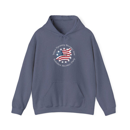 Heather navy unisex hoodie with distressed American flag and “When Tyranny Becomes Law, Rebellion Becomes Duty” quote, laid flat on white background. 1776 patriotic sweatshirt for men and women, bold freedom pullover perfect for conservative fashion, pro-America apparel, and patriotic gift ideas for U.S. history lovers.