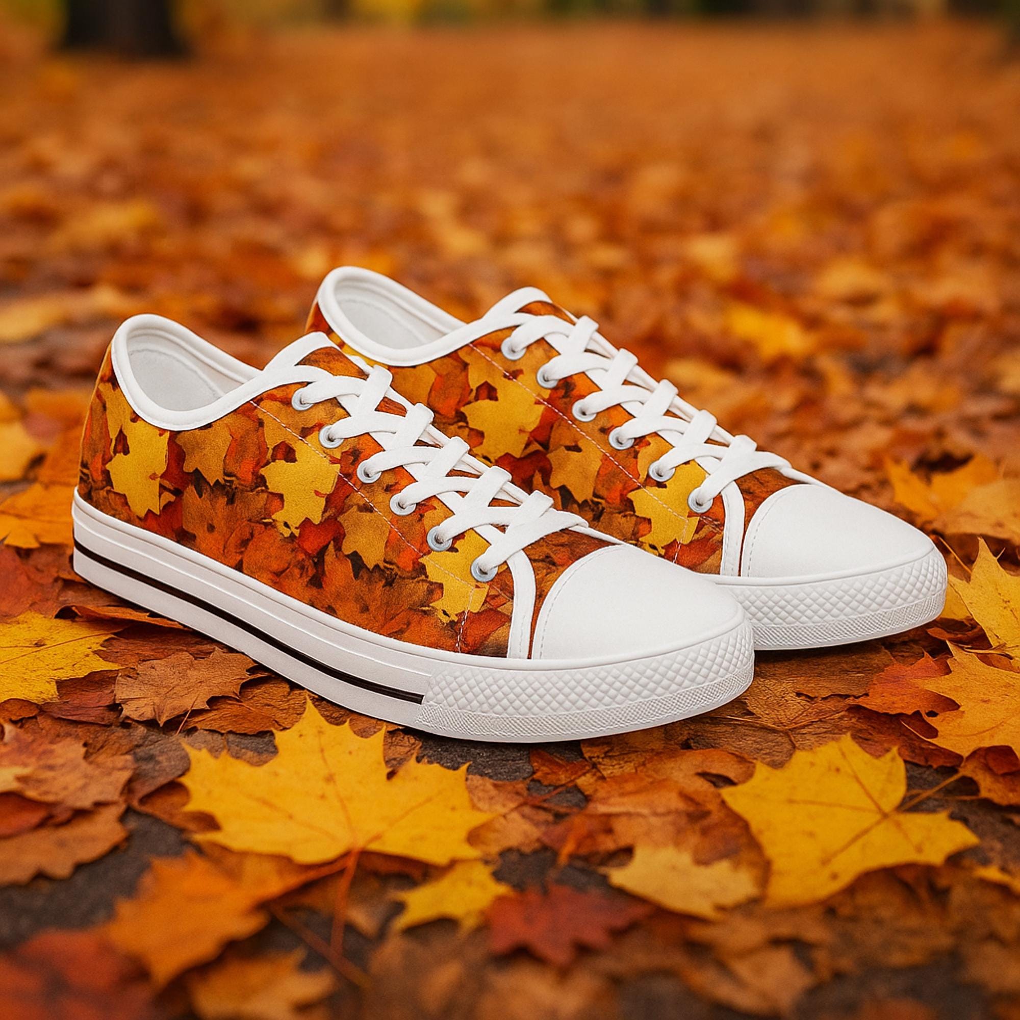 Autumn Leaf Print Low Top Sneakers: Trendy Fall Fashion Footwear for Women