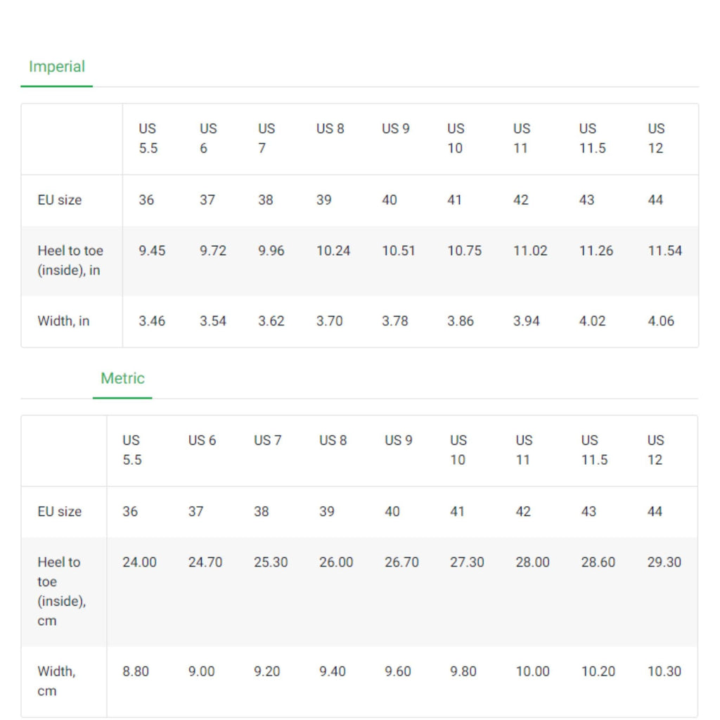 Size chart for low-top canvas sneakers showing US, EU, and metric conversions – includes heel-to-toe measurements and shoe width in both inches and centimeters. Detailed sizing guide for US women&#39;s sizes 5.5 to 12 and EU sizes 36 to 44, designed to help shoppers find the perfect sneaker fit for Halloween and seasonal footwear.