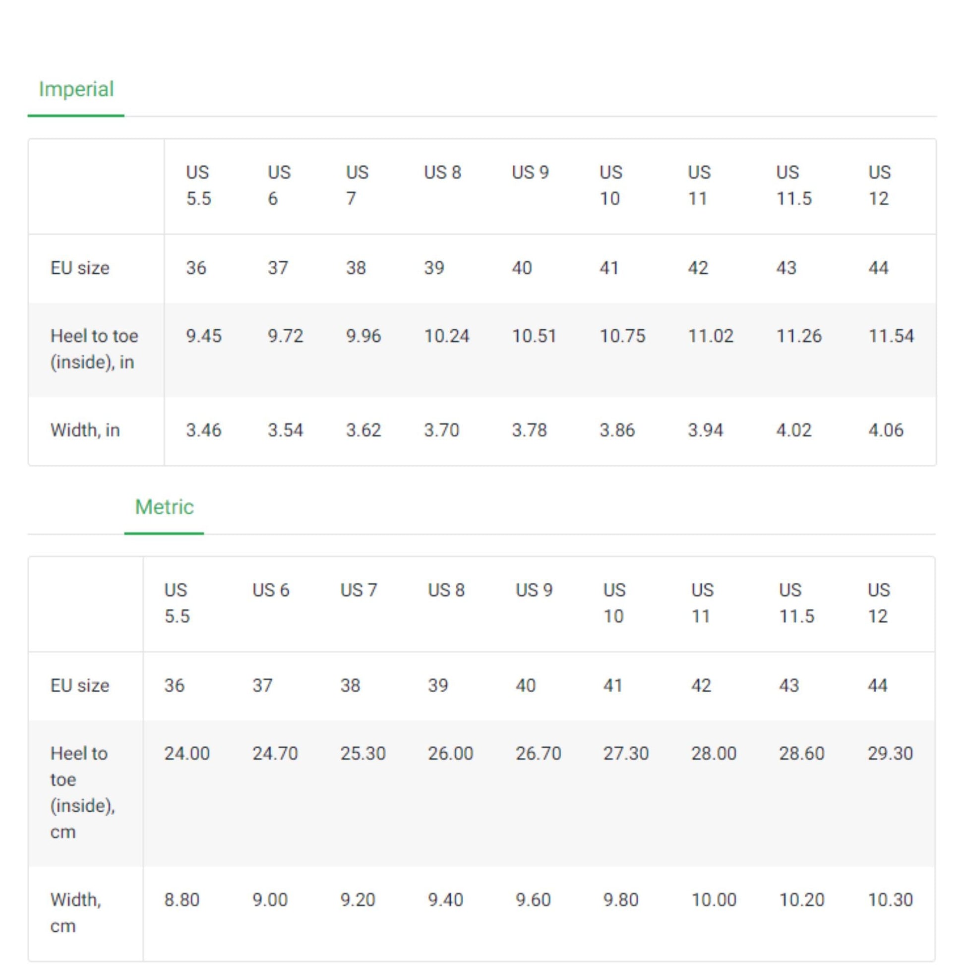 Size chart for low-top canvas sneakers showing US, EU, and metric conversions – includes heel-to-toe measurements and shoe width in both inches and centimeters. Detailed sizing guide for US women&#39;s sizes 5.5 to 12 and EU sizes 36 to 44, designed to help shoppers find the perfect sneaker fit for Halloween and seasonal footwear.