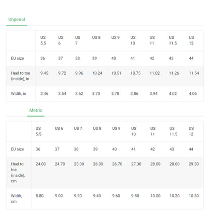 Size chart for low-top canvas sneakers showing US, EU, and metric conversions – includes heel-to-toe measurements and shoe width in both inches and centimeters. Detailed sizing guide for US women&#39;s sizes 5.5 to 12 and EU sizes 36 to 44, designed to help shoppers find the perfect sneaker fit for Halloween and seasonal footwear.