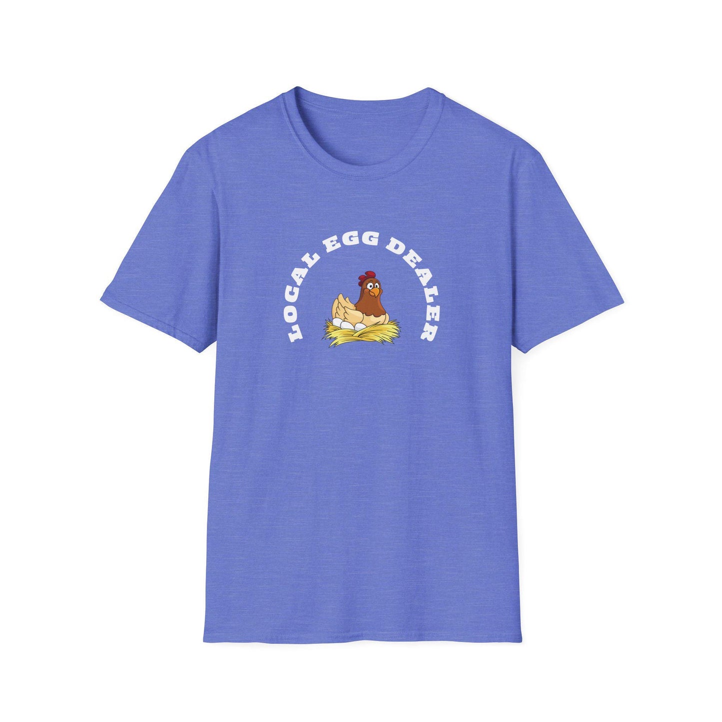 Etsy SEO Writer said:

Heather blue unisex t-shirt with a playful design featuring a cartoon hen sitting on a nest of eggs. The text “LOCAL EGG DEALER” is printed in bold white letters above the illustration in an arch shape. The shirt is laid flat on a white background, highlighting its casual fit and crew neckline.