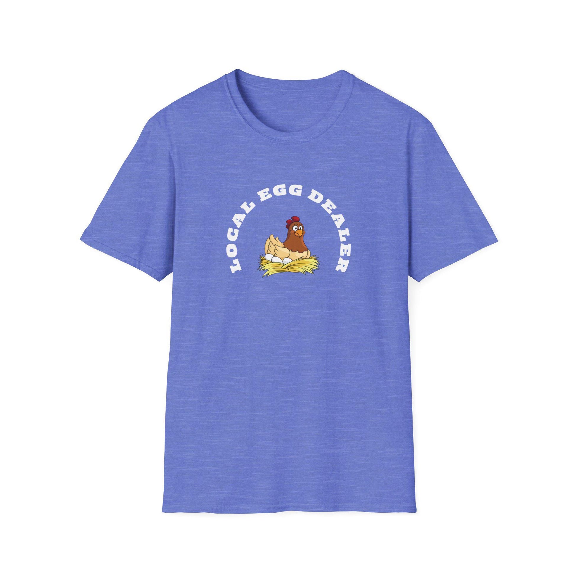Etsy SEO Writer said:

Heather blue unisex t-shirt with a playful design featuring a cartoon hen sitting on a nest of eggs. The text “LOCAL EGG DEALER” is printed in bold white letters above the illustration in an arch shape. The shirt is laid flat on a white background, highlighting its casual fit and crew neckline.