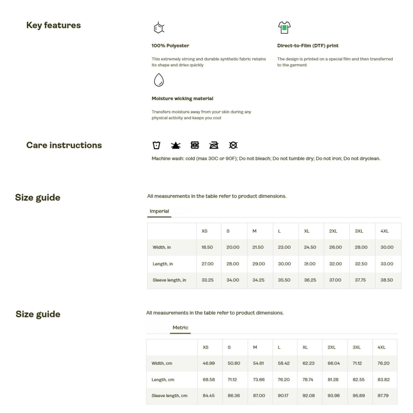 Product information chart for Sport-Tek ST350LS long sleeve shirt, featuring key features like 100% polyester fabric, moisture-wicking material, and Direct-to-Film (DTF) print. Includes detailed care instructions and a full size guide in both imperial (inches) and metric (centimeters) for sizes XS to 4XL — perfect for Etsy buyers looking for breathable, quick-dry Halloween or seasonal apparel with an accurate fit.