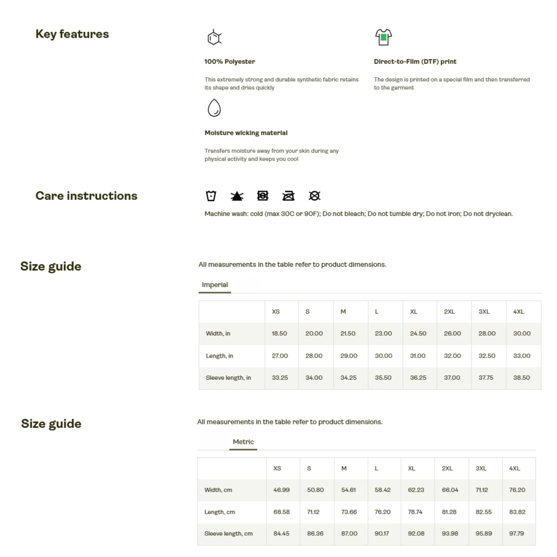 Product information chart for Sport-Tek ST350LS long sleeve shirt, featuring key features like 100% polyester fabric, moisture-wicking material, and Direct-to-Film (DTF) print. Includes detailed care instructions and a full size guide in both imperial (inches) and metric (centimeters) for sizes XS to 4XL — perfect for Etsy buyers looking for breathable, quick-dry Halloween or seasonal apparel with an accurate fit.