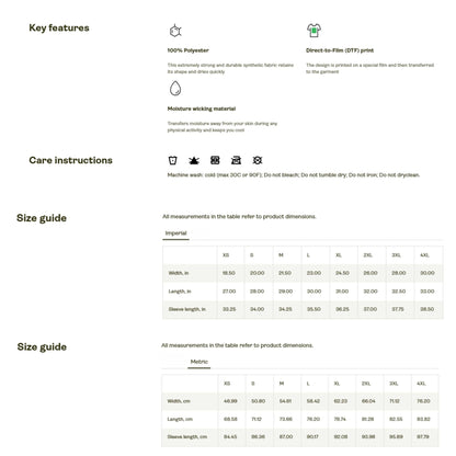 Product information chart for Sport-Tek ST350LS long sleeve shirt, featuring key features like 100% polyester fabric, moisture-wicking material, and Direct-to-Film (DTF) print. Includes detailed care instructions and a full size guide in both imperial (inches) and metric (centimeters) for sizes XS to 4XL — perfect for Etsy buyers looking for breathable, quick-dry Halloween or seasonal apparel with an accurate fit.