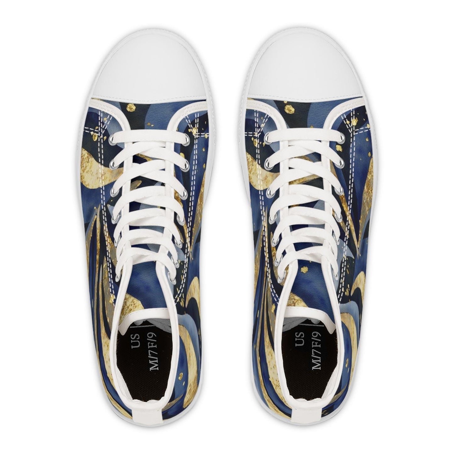 Top-down view of a pair of high-top sneakers with a bold abstract design in navy blue, gold, and black, featuring curved patterns and dotted accents. The shoes have white laces, white toe caps, and white soles, with visible size markings on the black insoles. Displayed on a clean white background.