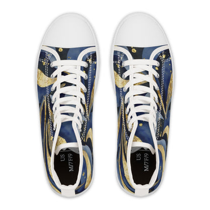 Top-down view of a pair of high-top sneakers with a bold abstract design in navy blue, gold, and black, featuring curved patterns and dotted accents. The shoes have white laces, white toe caps, and white soles, with visible size markings on the black insoles. Displayed on a clean white background.