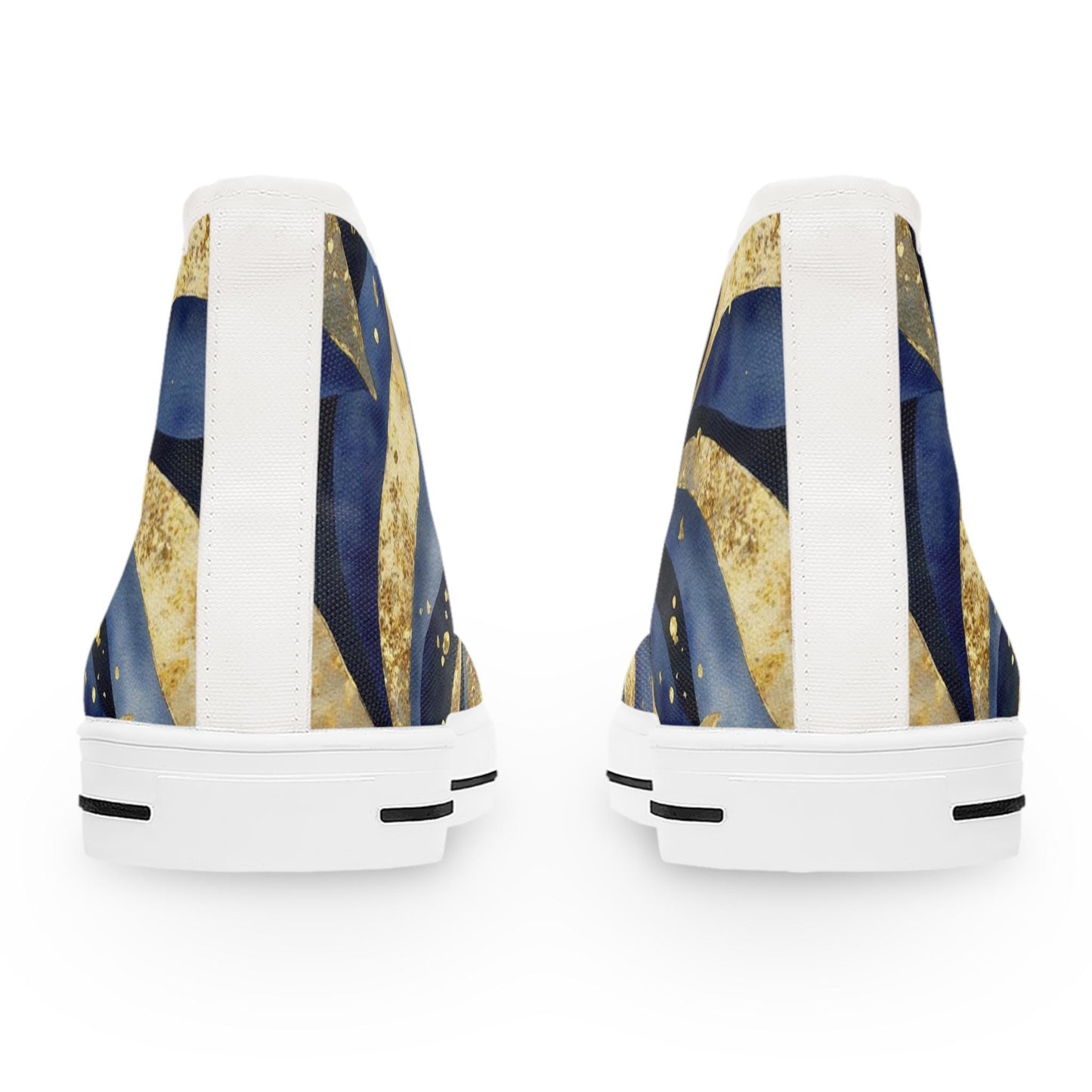 Rear view of a pair of high-top sneakers featuring an abstract design in navy blue, gold, and black with dotted accents. The shoes have white vertical heel strips, white rubber soles, and black traction detailing on the outsoles, displayed against a clean white background.