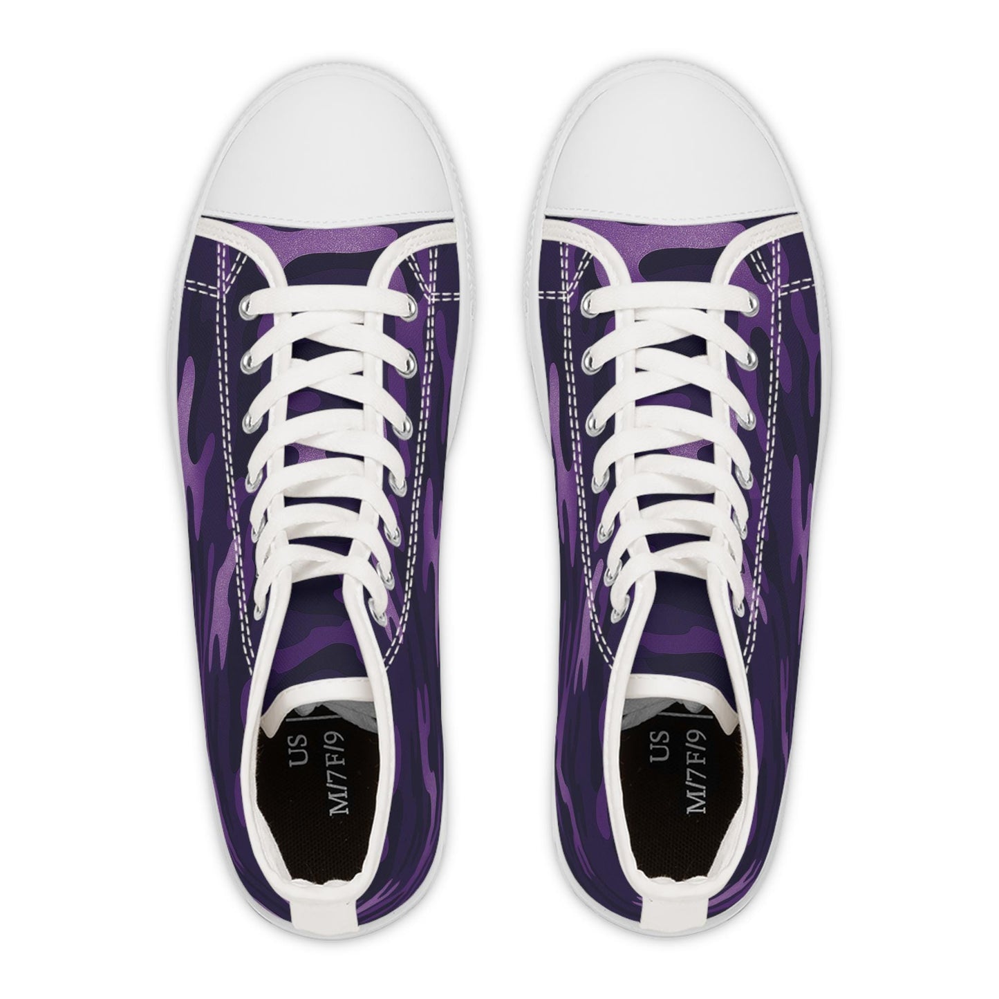 Top-down view of a pair of high-top sneakers featuring a purple camouflage pattern. The shoes have white rubber toe caps, white laces, and visible white stitching along the edges. The insoles are black with sizing information printed in white, indicating &quot;US M7/F9&quot;. The design presents a bold, modern look with classic sneaker elements.