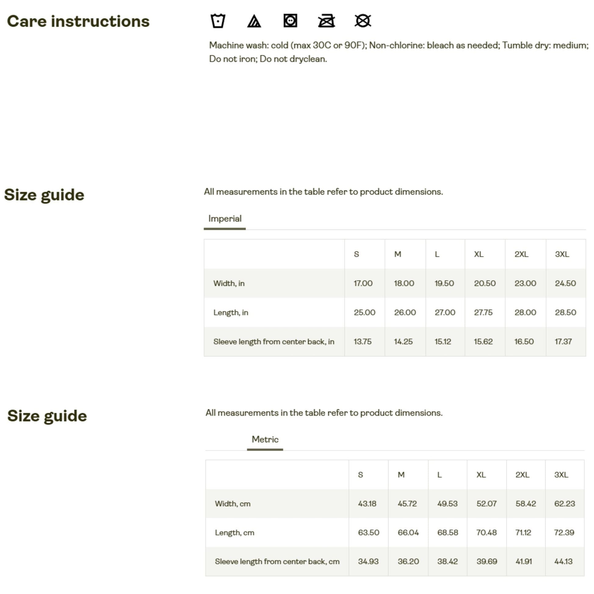 Care instructions and size guide for a t-shirt. Care symbols indicate: machine wash cold (max 30°C or 90°F), use non-chlorine bleach as needed, tumble dry medium, do not iron, do not dry clean. Below, two size charts are shown—one in imperial (inches) and one in metric (centimeters)—with measurements for width, length, and sleeve length from center back for sizes S to 3XL.