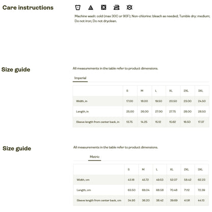 Care instructions and size guide for a t-shirt. Care symbols indicate: machine wash cold (max 30°C or 90°F), use non-chlorine bleach as needed, tumble dry medium, do not iron, do not dry clean. Below, two size charts are shown—one in imperial (inches) and one in metric (centimeters)—with measurements for width, length, and sleeve length from center back for sizes S to 3XL.