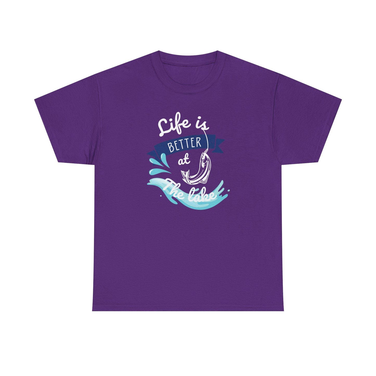 Flat lay of a purple unisex t-shirt featuring a graphic design with the phrase &#39;Life is Better at the Lake.&#39; The design includes a fish hook, water splash elements, and a navy blue banner, printed in white, blue, and aqua tones, on a plain white background.
