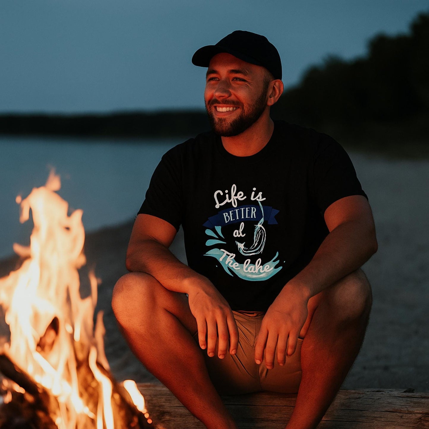 Smiling man sitting by a campfire at dusk on a beach, wearing a black t-shirt with a colorful graphic that reads &#39;Life is Better at the Lake,&#39; featuring a fish hook, splash, and banner design. He is also wearing a black cap and tan shorts, with a calm lake and tree line in the background.
