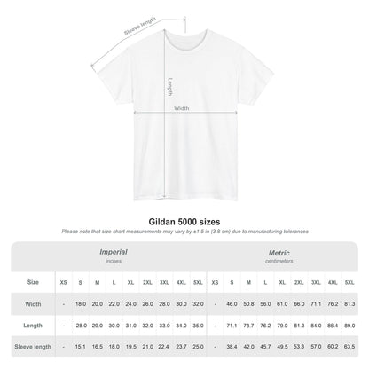 Gildan 5000 size chart with a diagram of a blank white t-shirt showing measurement points for width, length, and sleeve length. The chart includes measurements in both imperial (inches) and metric (centimeters) for sizes S to 5XL, noting a possible variation of ±1.5 inches due to manufacturing tolerances.