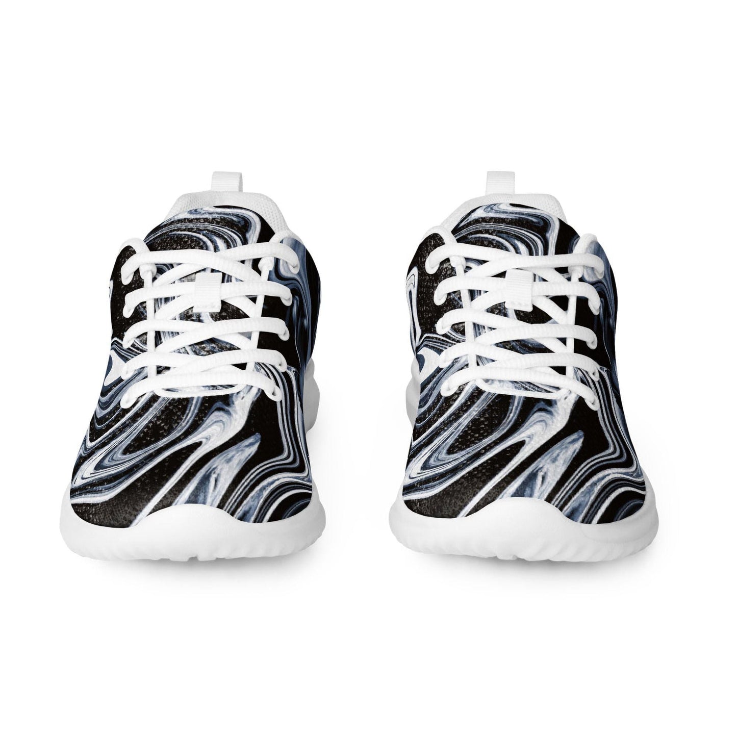 Front view of women&#39;s athletic sneakers featuring a bold black, white, and gray marble swirl design with white laces and thick white soles. Trendy and eye-catching running shoes perfect for casual wear, gym workouts, or active lifestyles with a modern artistic flair.