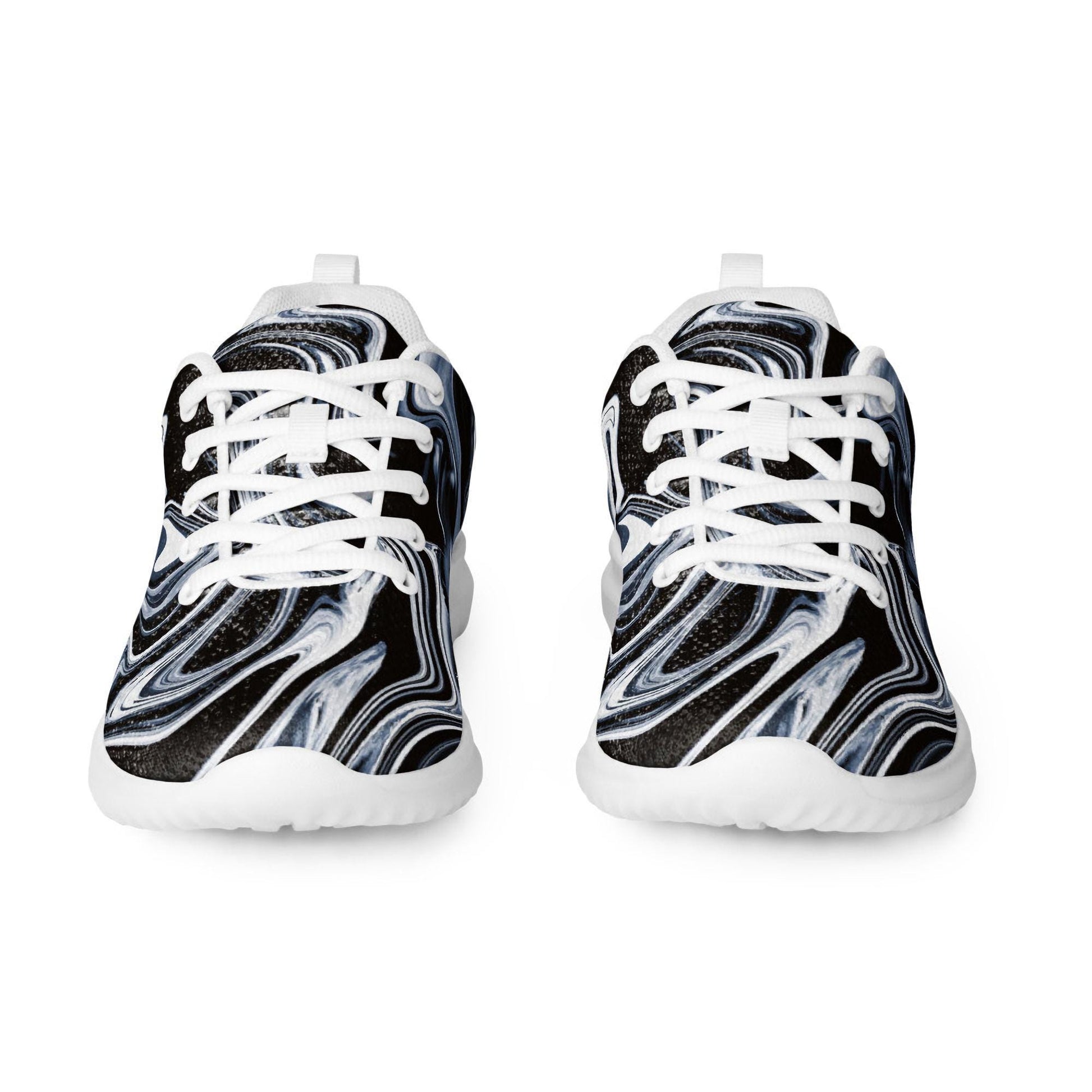 Front view of women&#39;s athletic sneakers featuring a bold black, white, and gray marble swirl design with white laces and thick white soles. Trendy and eye-catching running shoes perfect for casual wear, gym workouts, or active lifestyles with a modern artistic flair.