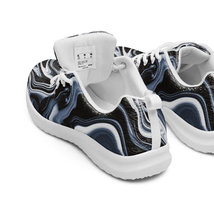 Close-up rear view of women&#39;s athletic sneakers featuring a black, white, and gray abstract swirl pattern with white soles and laces. Visible interior size tag and padded collar highlight the comfortable design—ideal for showcasing stylish activewear shoes perfect for everyday wear, workouts, and walking.