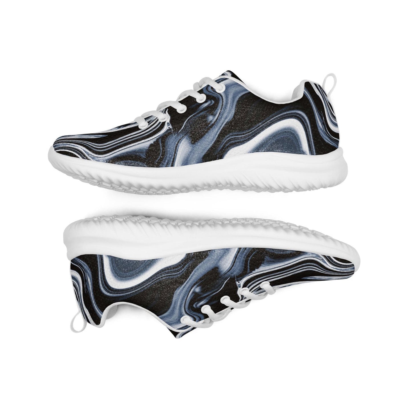 Side view of women&#39;s athletic sneakers with a bold black, white, and gray marble swirl pattern, featuring white laces, a soft cushioned sole, and breathable construction. Stylish and comfortable running shoes perfect for gym workouts, walking, or casual everyday wear.