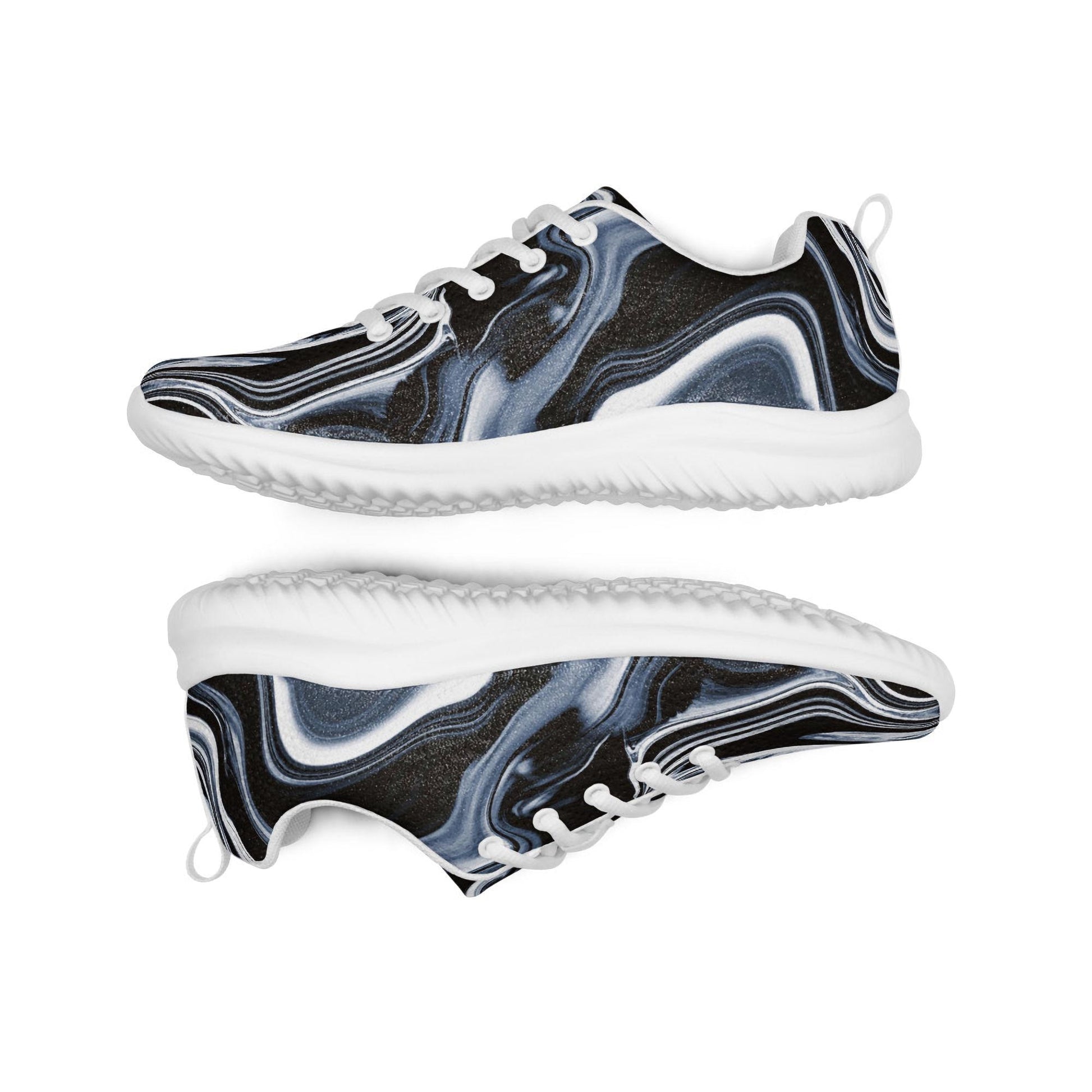 Side view of women&#39;s athletic sneakers with a bold black, white, and gray marble swirl pattern, featuring white laces, a soft cushioned sole, and breathable construction. Stylish and comfortable running shoes perfect for gym workouts, walking, or casual everyday wear.