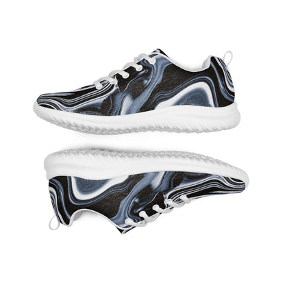 Side view of women&#39;s athletic sneakers with a bold black, white, and gray marble swirl pattern, featuring white laces, a soft cushioned sole, and breathable construction. Stylish and comfortable running shoes perfect for gym workouts, walking, or casual everyday wear.
