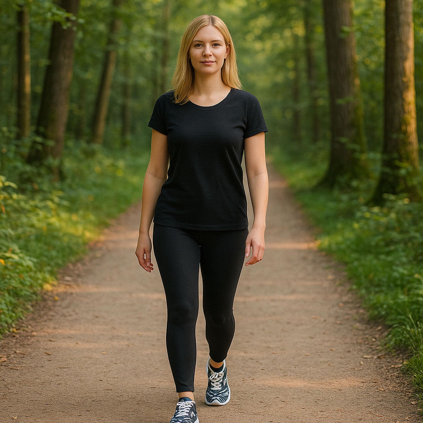 Confident woman walking on a forest trail wearing black leggings, a fitted black t-shirt, and black and white swirl-pattern athletic sneakers. Peaceful outdoor setting perfect for promoting comfortable activewear, walking shoes, and healthy lifestyle fashion in a natural environment.