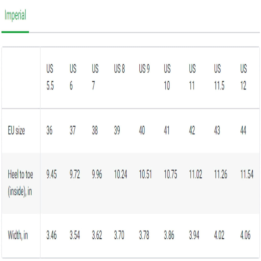 A size chart labeled &quot;Imperial&quot; displaying shoe sizing information in US and EU sizes, along with heel-to-toe length and width in inches. The chart includes the following:

US Sizes: 5.5 to 12

EU Sizes: 36 to 44

Heel to Toe (inside, inches): Ranges from 9.45 in (US 5.5) to 11.54 in (US 12)

Width (inches): Ranges from 3.46 in (US 5.5) to 4.06 in (US 12)

Each size increases incrementally in both length and width. The chart is organized in a clean table format for easy reference.