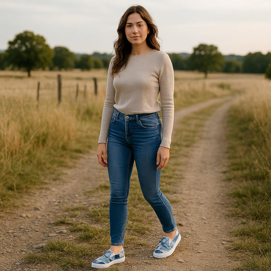 Stylish woman wearing blue camo slip-on sneakers with white soles, paired with skinny jeans and a beige ribbed sweater, walking on a country dirt path.