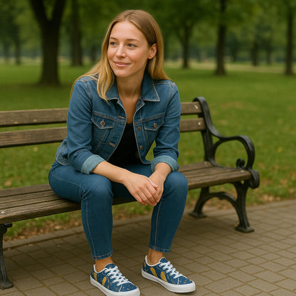 A woman sits on a wooden park bench with a pleasant expression, wearing a denim jacket, matching denim jeans, and colorful blue and gold abstract sneakers. The park setting features green grass and trees in the background, creating a peaceful and natural atmosphere. The woman’s posture is relaxed, with her hands resting on her knees.