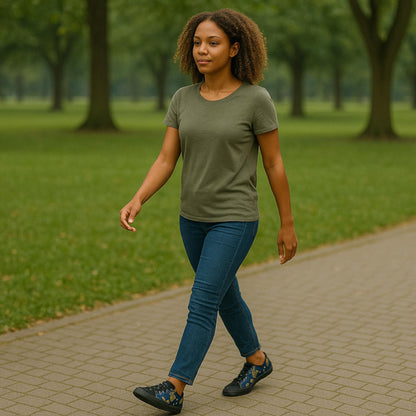 A woman walks confidently along a paved path in a park, surrounded by green grass and trees. She is wearing a fitted olive green t-shirt, blue jeans, and black sneakers with an abstract blue and gold pattern. Her expression is calm and focused as she enjoys a stroll through the peaceful, tree-lined setting.
