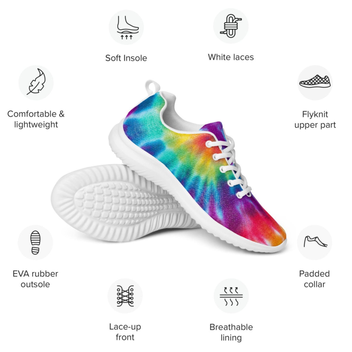 Rainbow tie-dye athletic sneakers with white laces and soles, featuring a soft insole, breathable lining, EVA rubber outsole, padded collar, fly knit upper, and lace-up front—lightweight and comfortable for all-day wear.