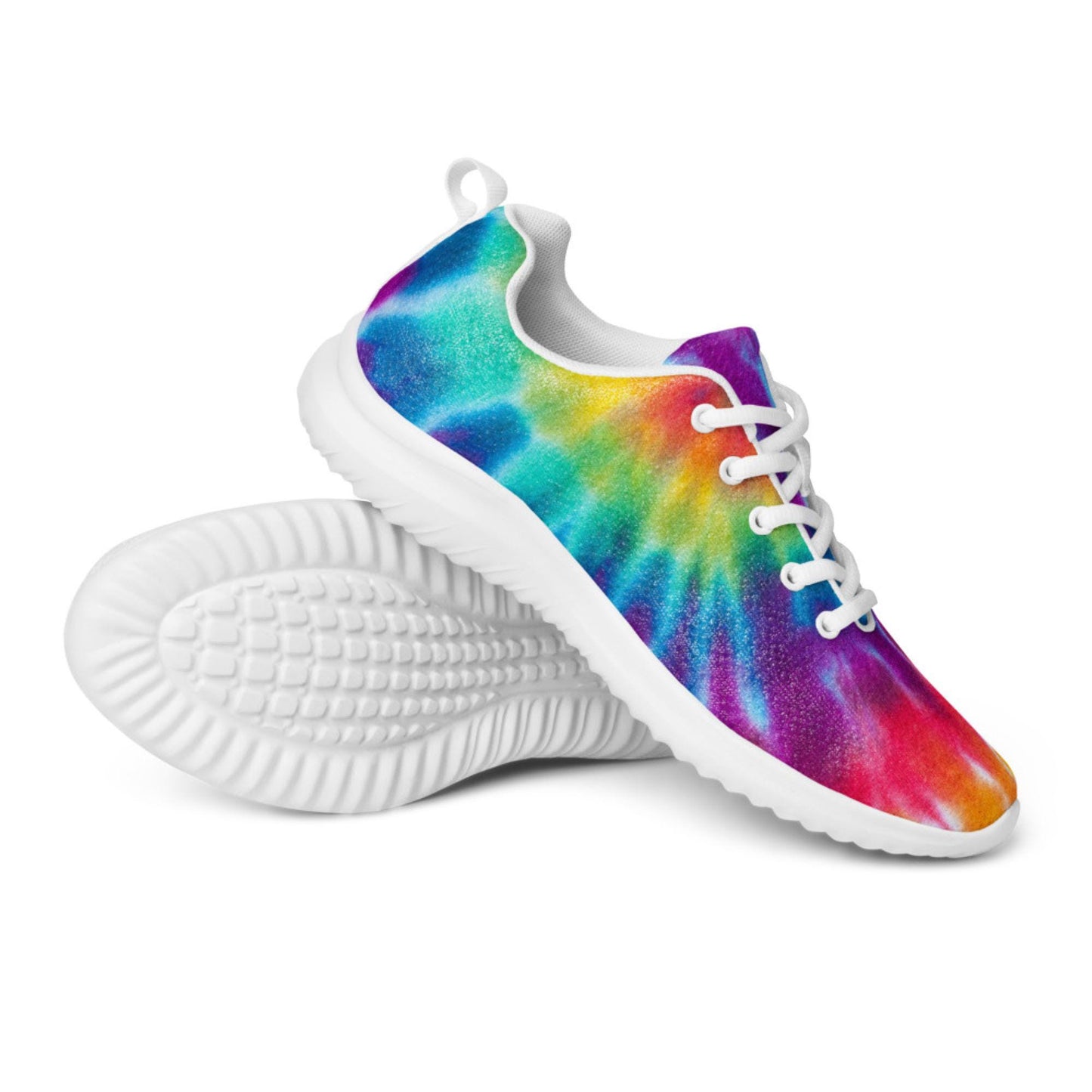 Pair of lightweight athletic sneakers with a bold rainbow tie-dye design, white laces, and textured white soles for enhanced grip—ideal for running, walking, or everyday style.