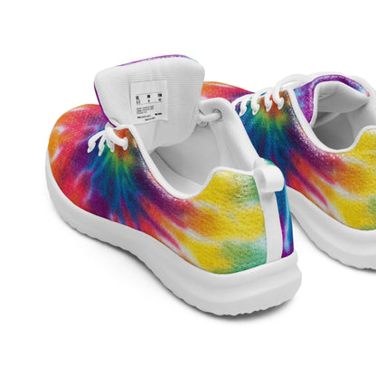 Close-up of vibrant rainbow tie-dye athletic sneakers with white soles and laces, showcasing soft padded interior and size label on the tongue—perfect for running, walking, or casual wear.