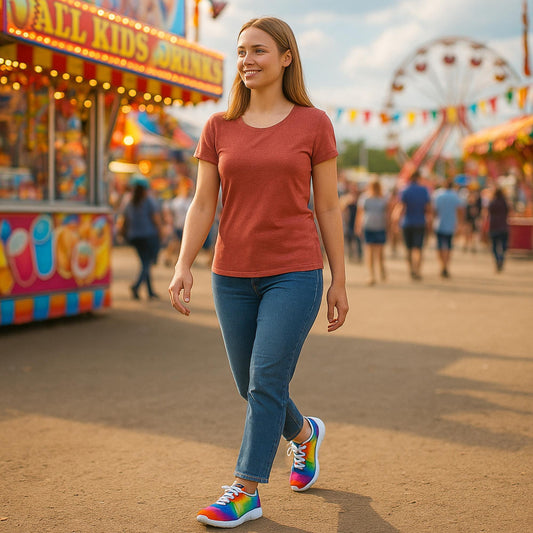 Smiling woman walking through a colorful carnival wearing a rust-red t-shirt, blue jeans, and vibrant tie dye sneakers, with a Ferris wheel and food stalls in the background.